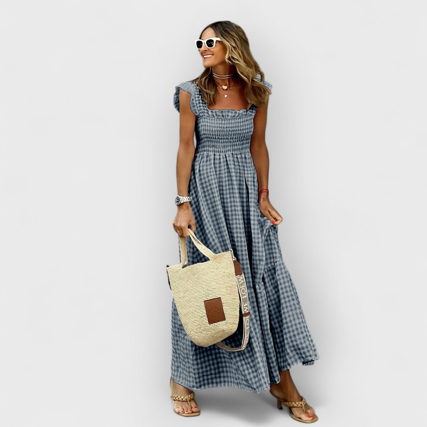 Bella | Plaid Ruffle-Sleeve Smocked Maxi Dress