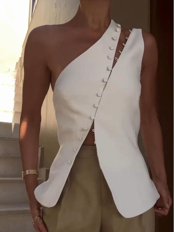 Azura | One-Shoulder Button Detail Top