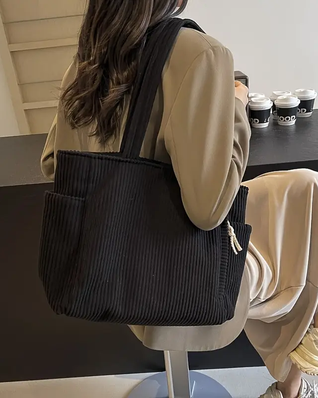 Nova – Ribbed Tote Bag with Drawstring Detail