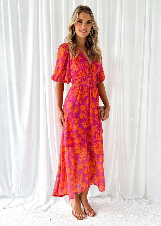 Kitty I Floral Midi Dress with Puff Sleeves and V-neck