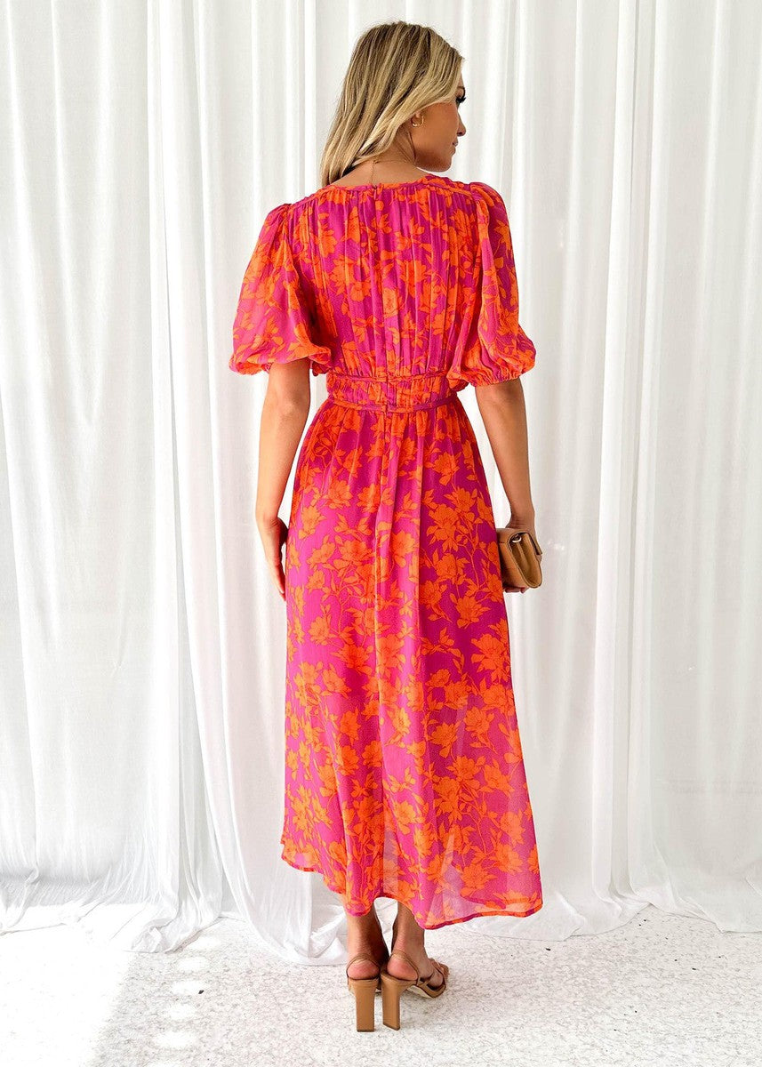 Kitty I Floral Midi Dress with Puff Sleeves and V-neck