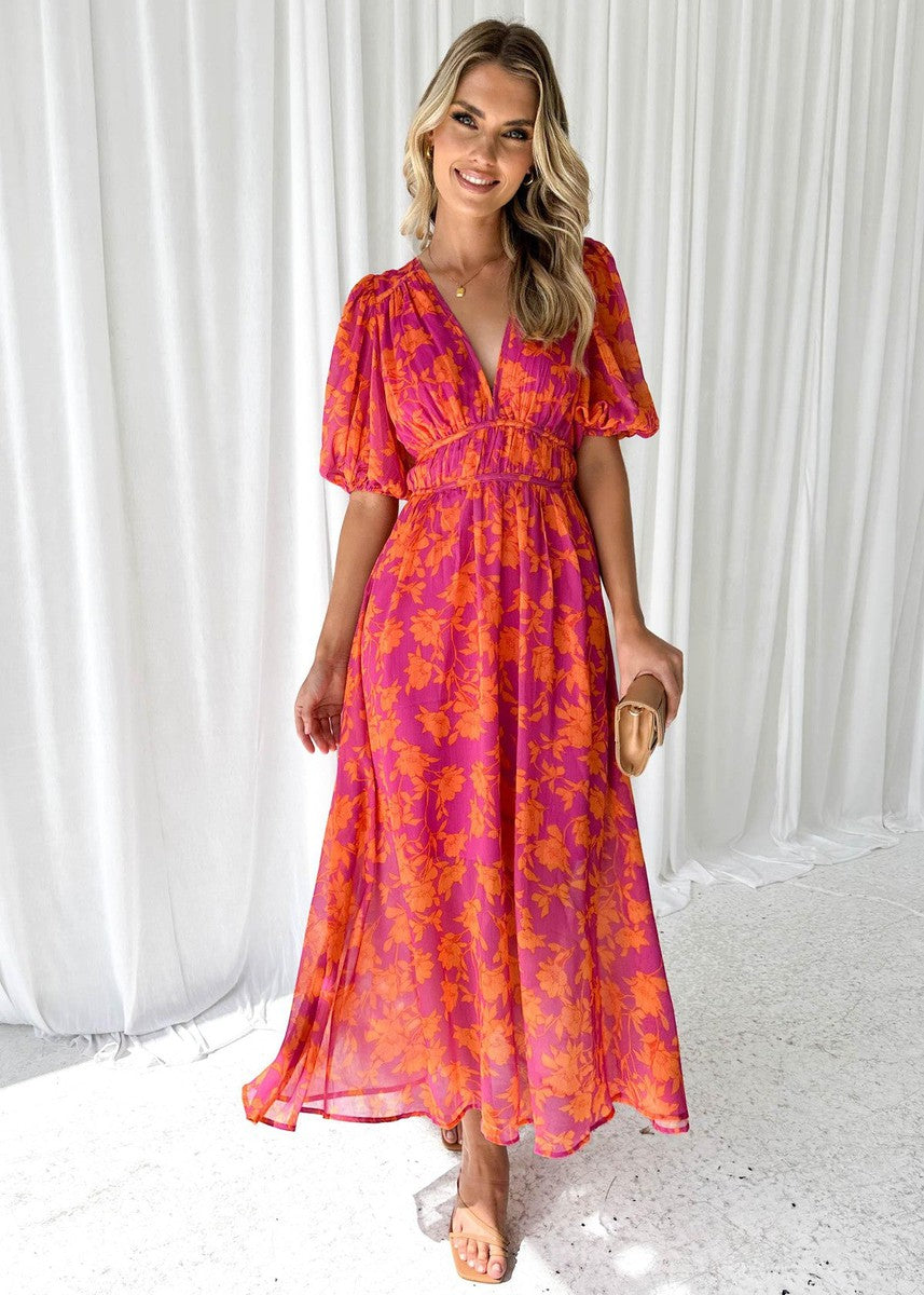 Kitty I Floral Midi Dress with Puff Sleeves and V-neck