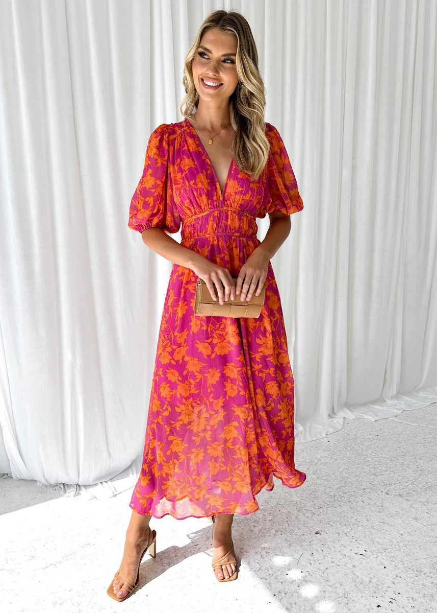Kitty I Floral Midi Dress with Puff Sleeves and V-neck