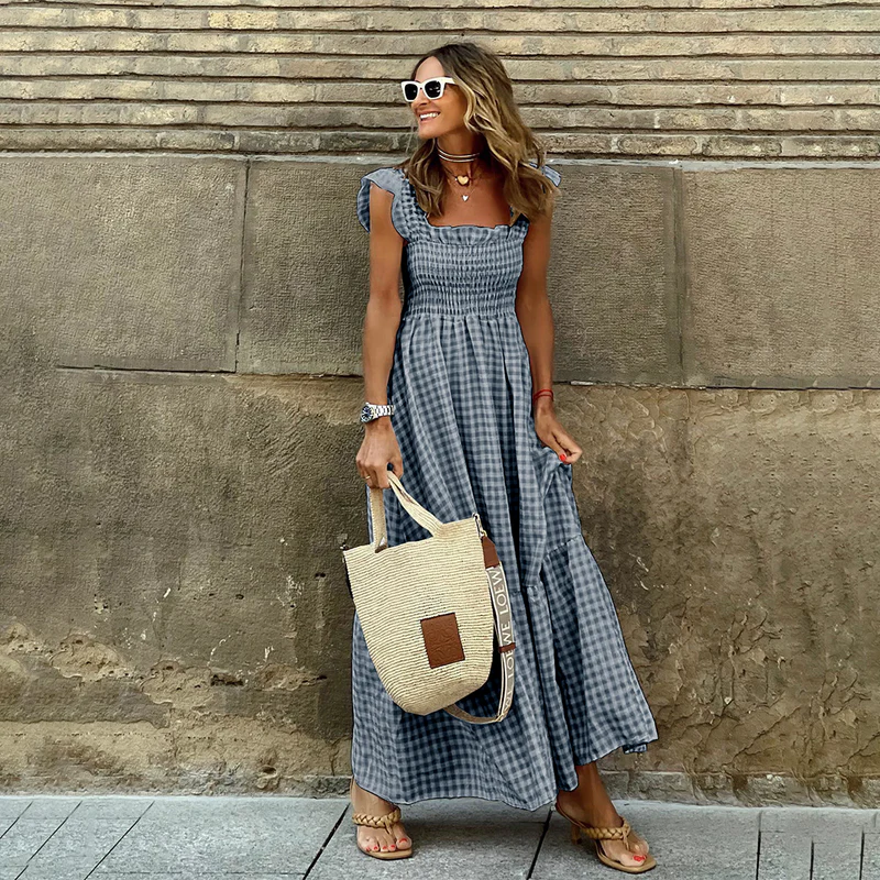 Ella | Plaid Ruffle-Sleeve Smocked Maxi Dress