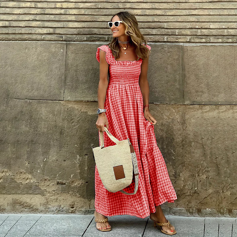 Ella | Plaid Ruffle-Sleeve Smocked Maxi Dress