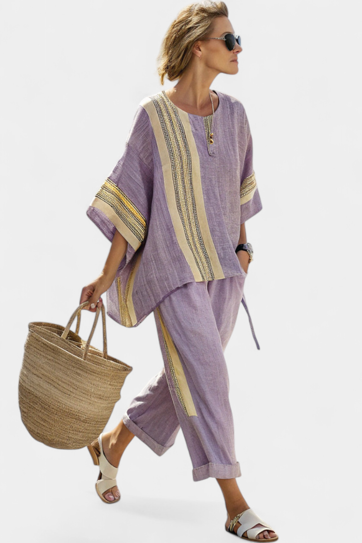 Mia | Bamboo linen set with decorative stripes