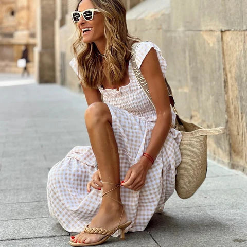 Ella | Plaid Ruffle-Sleeve Smocked Maxi Dress