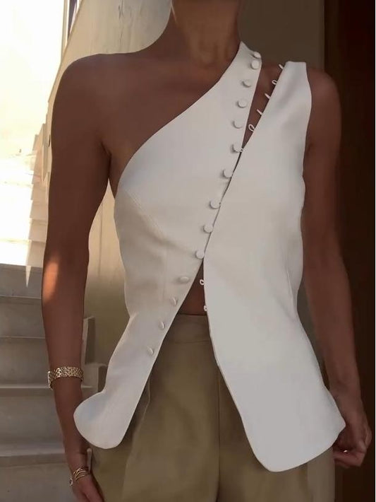Azura | One-Shoulder Button Detail Top