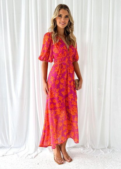 Kitty I  Floral Midi Dress with Puff Sleeves and V-neck
