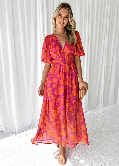 Kitty I  Floral Midi Dress with Puff Sleeves and V-neck