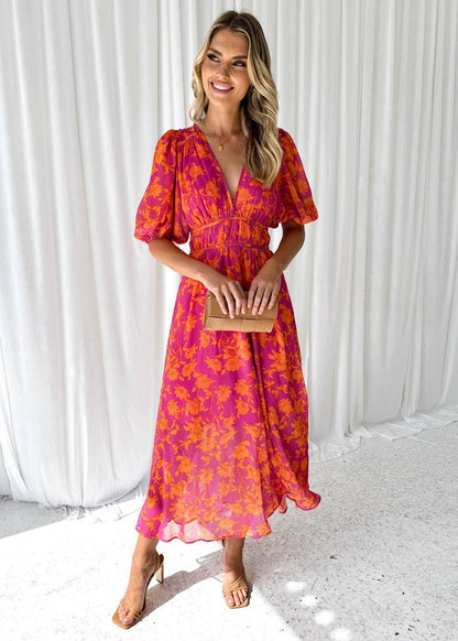 Kitty I  Floral Midi Dress with Puff Sleeves and V-neck