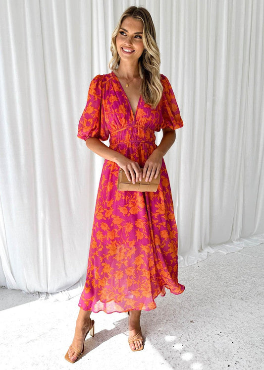 Kitty I  Floral Midi Dress with Puff Sleeves and V-neck