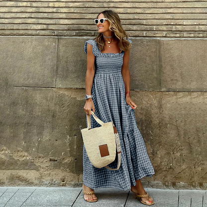 Ella | Plaid Ruffle-Sleeve Smocked Maxi Dress