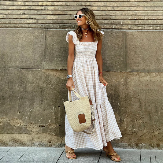 Ella | Plaid Ruffle-Sleeve Smocked Maxi Dress